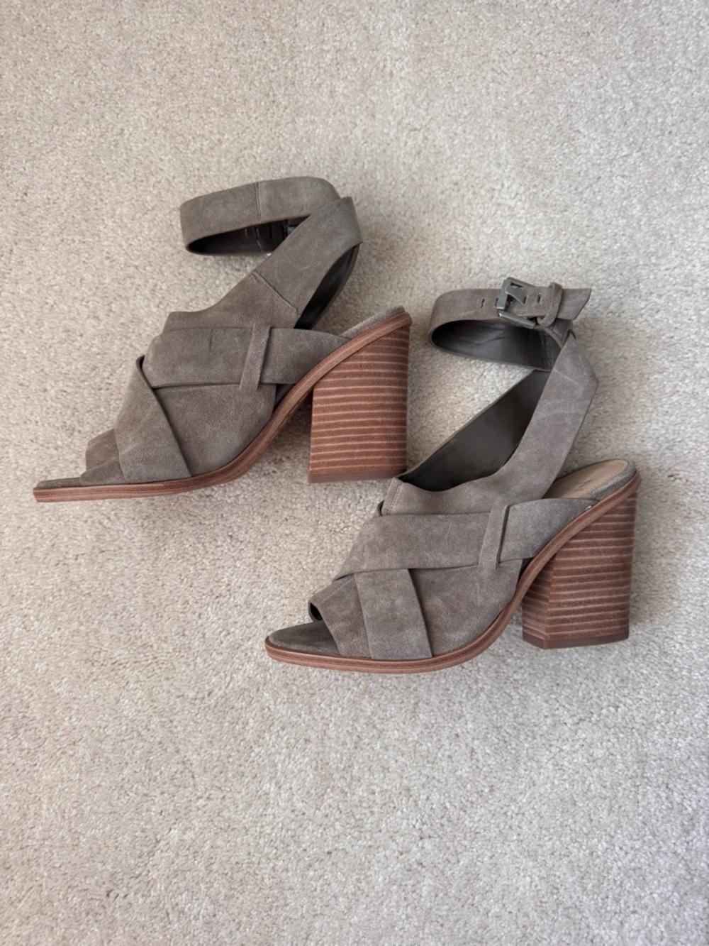 Marc Fisher Taupe Suede Crisscross Block Heel Sandals